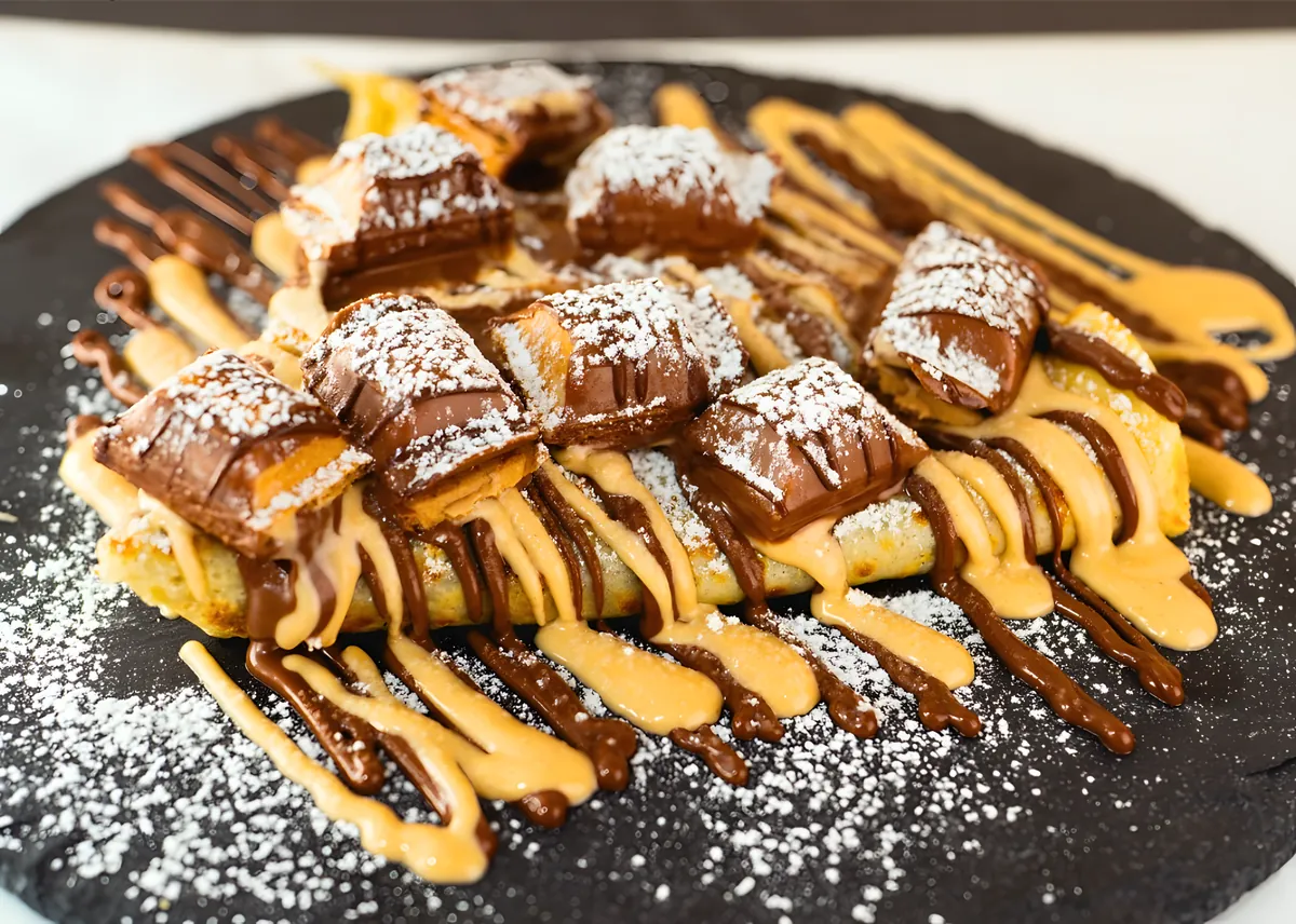 Crepes con Kinder Bueno, colate di cioccolato e crema